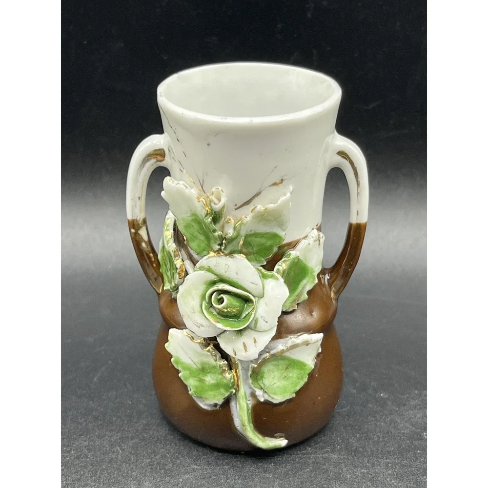 Vtg Porcelain Vase Brown & White with Flowers 3.5